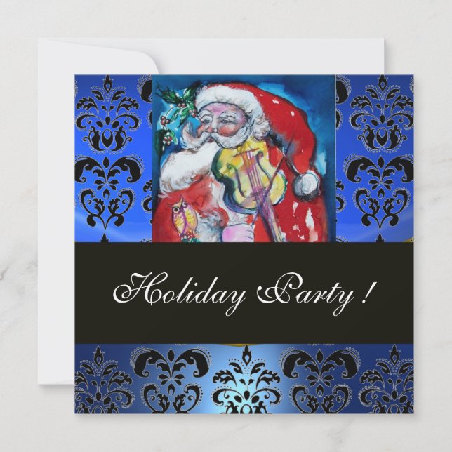 SANTA MIT VIOLIN, BLUE BLACK DAMASK MONOGRAMM Ruby Einladung (Vorderseite)