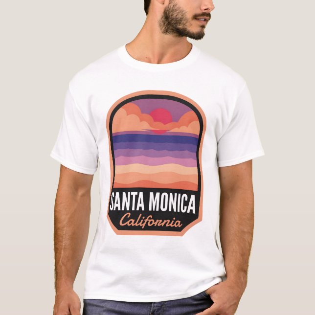 Santa Monica Beach CA Retro Sunset T-Shirt (Vorderseite)