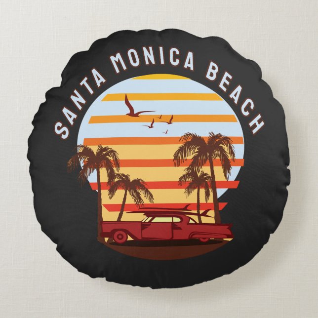 Santa Monica Beach Retro Sunset Vintage  Rundes Kissen (Vorderseite)