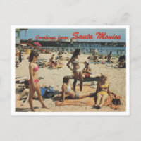 Santa Monica CA, Greetings, Beach Scene 1970 Retro