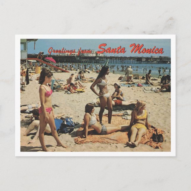 Santa Monica CA, Greetings, Beach Scene 1970 Retro Postkarte (Vorderseite)