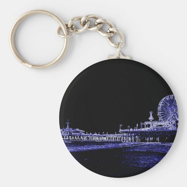Santa Monica Pier Blue Neon Night Foto Edit Schlüsselanhänger (Vorne)