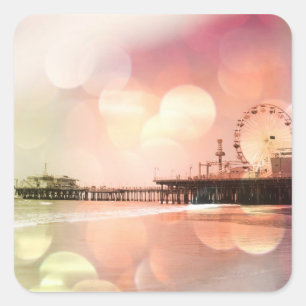 Santa Monica Pier - funkelndes Pink Foto Edit Quadratischer Aufkleber