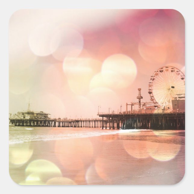 Santa Monica Pier - funkelndes Pink Foto Edit Quadratischer Aufkleber (Vorderseite)