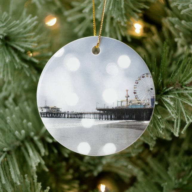 Santa Monica Pier - Graues Glitzern Foto Edit Keramikornament (Baum)