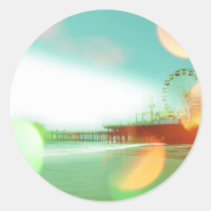 Santa Monica Pier Green Orange Glitzern Edit Runder Aufkleber