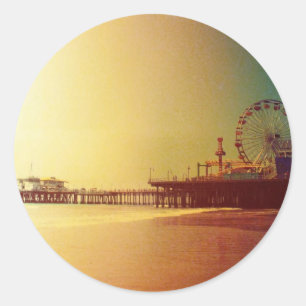Santa Monica Pier - Orange Sunrise Foto Edit Runder Aufkleber