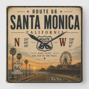 Santa Monica Route 66 Koordinaten Uhrwerk Quadratische Wanduhr