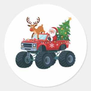 Santa Monster Truck Rentier Weihnachtsbaum Xmas Runder Aufkleber