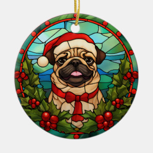 Santa Mops Dog Holly Berry Wreath Weihnachten Keramik Ornament