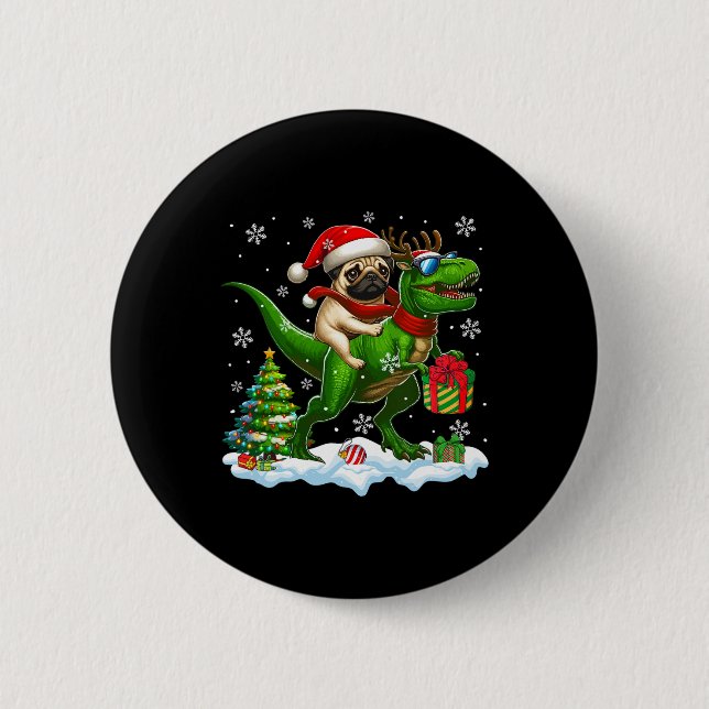 Santa Mops Riding Rentier T-rex Weihnachtskids Tod Button (Vorderseite)
