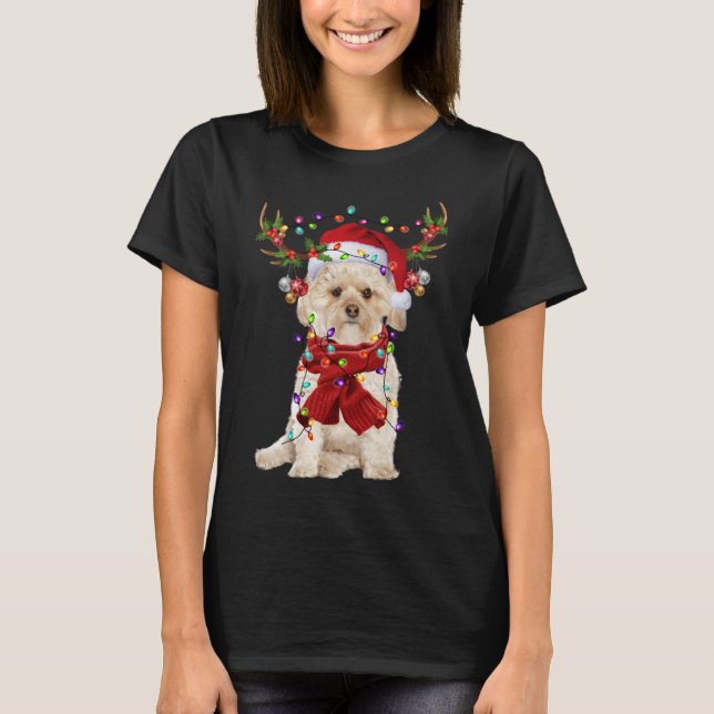 Santa Morkie Dog Rentier Weihnachtsbeleuchtung T-Shirt (Vorderseite)