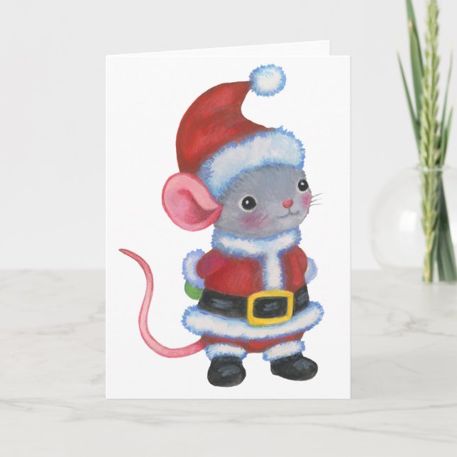 Santa Mouse Weihnachtsmann Art Card Feiertagskarte (Vorderseite)