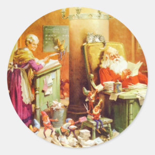 Santa & Mrs. Claus & die Elfen überprüfen seine Li Runder Aufkleber