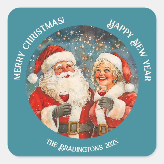 Santa Mrs Claus Weihnachten Quadratischer Aufkleber (Vorderseite)