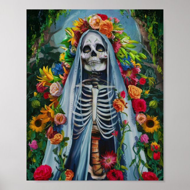 Santa Muerte mit farbenfrohen Blume Poster (Vorne)