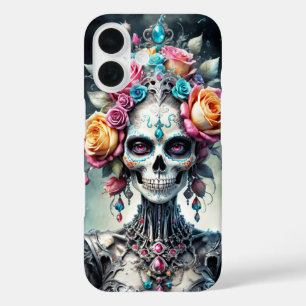 Santa Muerte-Schädel mit farbenfroher Blumenabdeck iPhone 16 Hülle