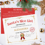 Santa Nice List Individuelle Name Weihnachtszertif Feiertagskarte<br><div class="desc">Dieses zauberhafte "Santa's Nice List Certificate" ist ein wunderbarer und festlicher Sake, der das ganze Jahr über das gute Verhalten feiern und erkennen soll. Es zeichnet sich durch ein klassisches und elegantes Design mit einem weißen Hintergrund und goldfarbenen Dekorrahmen in jeder Ecke aus. Der Titel "Santa's Nice List" wird oben...</div>