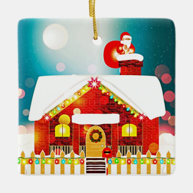 Santa on Chimney Top Keramikornament (Vorderseite)