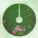 Santa on Frohe Weihnachtsbahn Letters Green stars Polyester Weihnachtsbaumdecke<br><div class="desc">Dieser Baumrock ist dunkelgrün,  bedeckt mit glänzenden goldenen Sternen verschiedener Größen und der Weihnachtsmann fährt einen rot-weißen Zug mit Briefen und Bonbons mit dem Text Frohe Weihnachten in leuchtendem Gold.</div>
