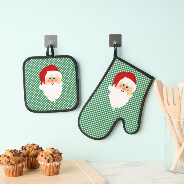 Santa on Green Gingham Karos Design Ofenhandschuh & Topflappen-Set (Insitu (Hängend))