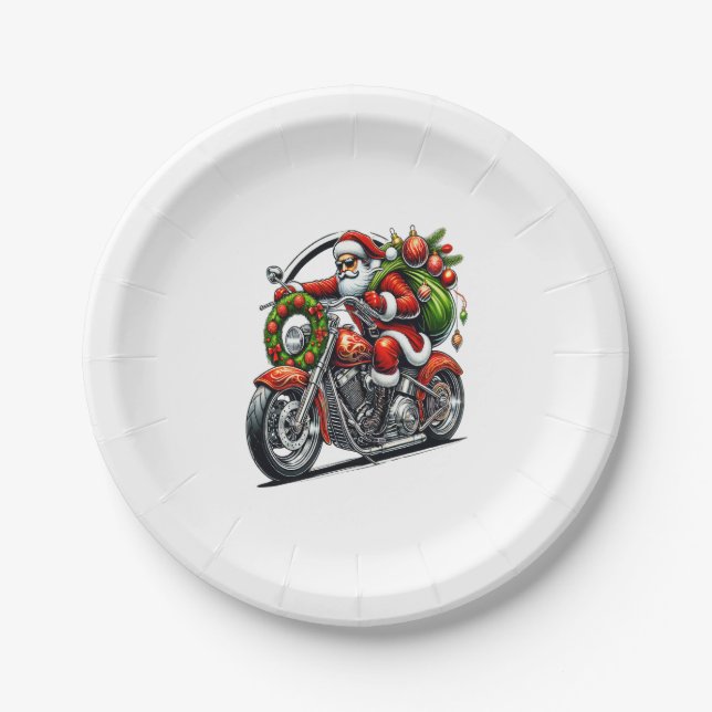 Santa on Motorcycle Christmas Biker Pappteller (Vorderseite)