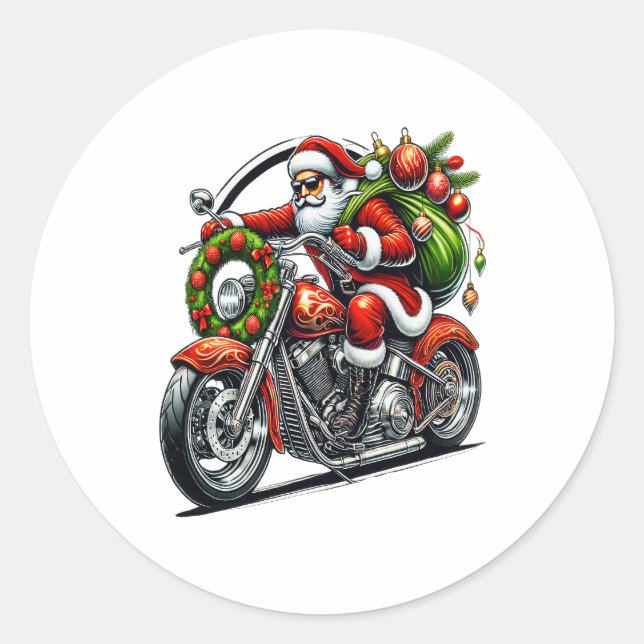Santa on Motorcycle Christmas Biker Runder Aufkleber (Vorderseite)