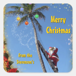 Santa on Palm Tree Quadratischer Aufkleber