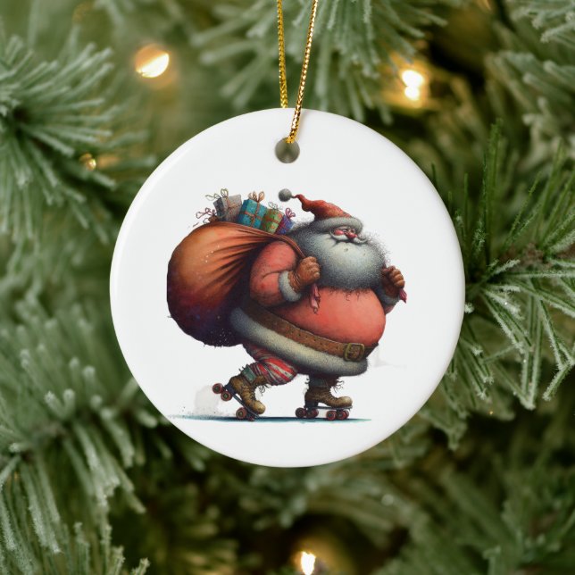 Santa on Roller Skate mit Geschenken maßgeschneide Keramik Ornament (Baum)