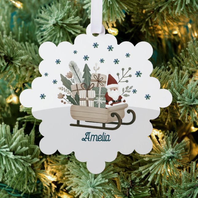 Santa on Sleigh Gaben Snowflakes Name Weihnachten Ornament Karte (Insitu (Baum))