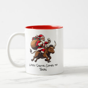 Santa on Texas Longhorn Bull Delivering Geschenke Zweifarbige Tasse