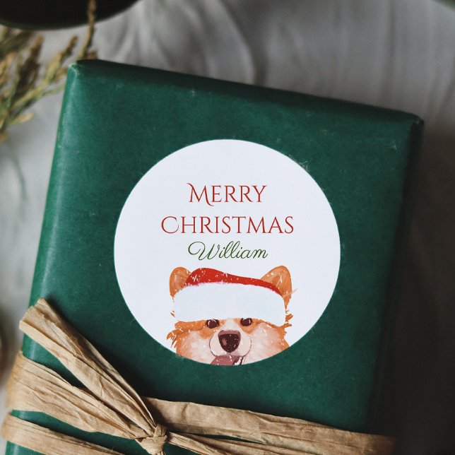 Santa Orange Corgi Frohe Weihnachten Personalisier Runder Aufkleber (Von Creator hochgeladen)