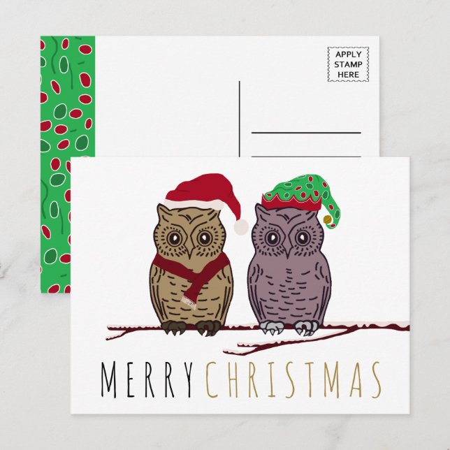 Santa Owl und Elf Owl Holiday Postkarte (Vorne/Hinten)