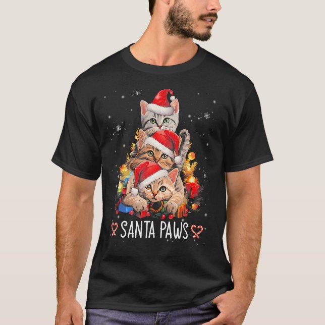 Santa Paw und Claw Santa Cat Weihnachtsbaum Lichte T-Shirt (Vorderseite)