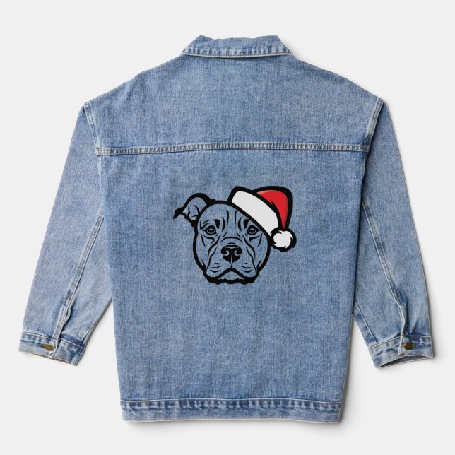 Santa Paws: AmStaff Hund in festem Hut Jeansjacke (Rückseite)