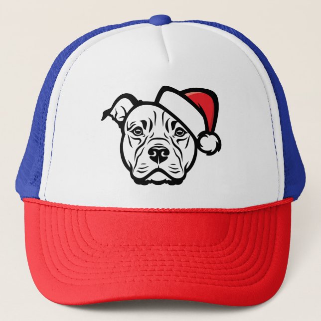 Santa Paws: AmStaff Hund in festem Hut Truckerkappe (Vorderseite)