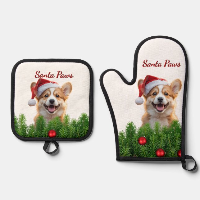 Santa Paws Corgi Holiday Kitchen Design Ofenhandschuh & Topflappen-Set (Vorderseite)