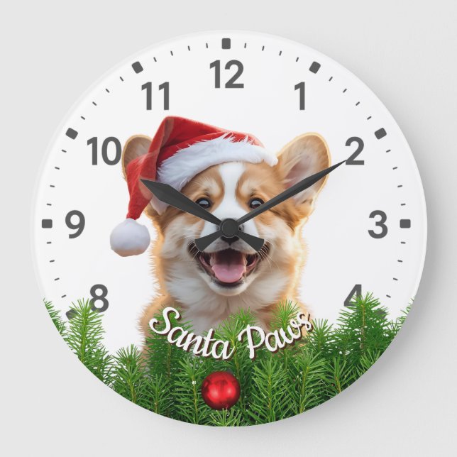 Santa Paws Corgi with Christmas Garland Große Wanduhr (Vorderseite)