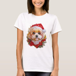 Santa Paws Delight" – Holiday Pup in Red Hat T-Shirt