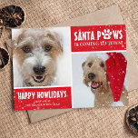 Santa Paws Dog Foto Happy Howlidays Weihnachten<br><div class="desc">Glückliche Weihnachtskarten für Feiertage mit zwei Fotografien Ihres Hundes oder Ihrer Katze,  der lustige Text "Santa Paws kommt in die Stadt!" mit einer niedlichen weißen Pfote und einem roten Herz,  und einem durchsichtigen Schneeüberlagerungsstück,  um der Karte das winterliche Gefühl zu geben. Alle Texte und Bilder sind einfach zu personalisieren.</div>