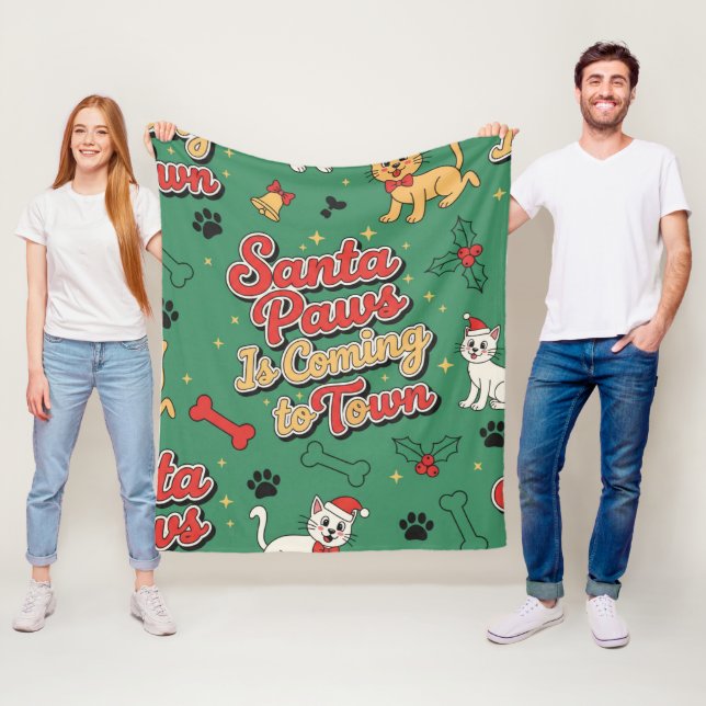 Santa Paws Is Coming to Town Retro Dog Cat Xmas Fleecedecke (Beispiel)