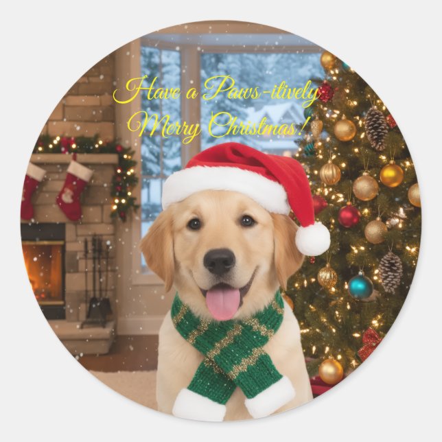 Santa Paws Niedlich Golden Retriever Weihnachtsfei Runder Aufkleber (Vorderseite)