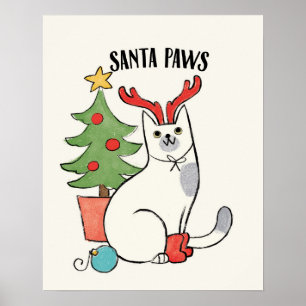 Santa Paws   Reindeer Cat Poster