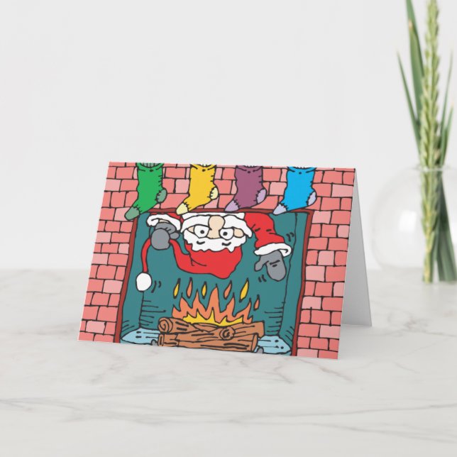 Santa Peking im Kamin Feiertagskarte (Vorderseite)