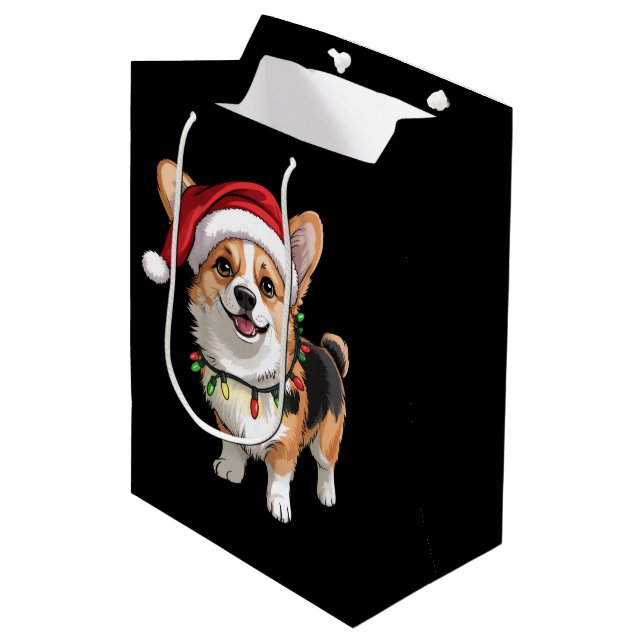 Santa Pembroke Welsh Corgi Christmas Tree Lights  Mittlere Geschenktüte (Vorderseite Schrägansicht)