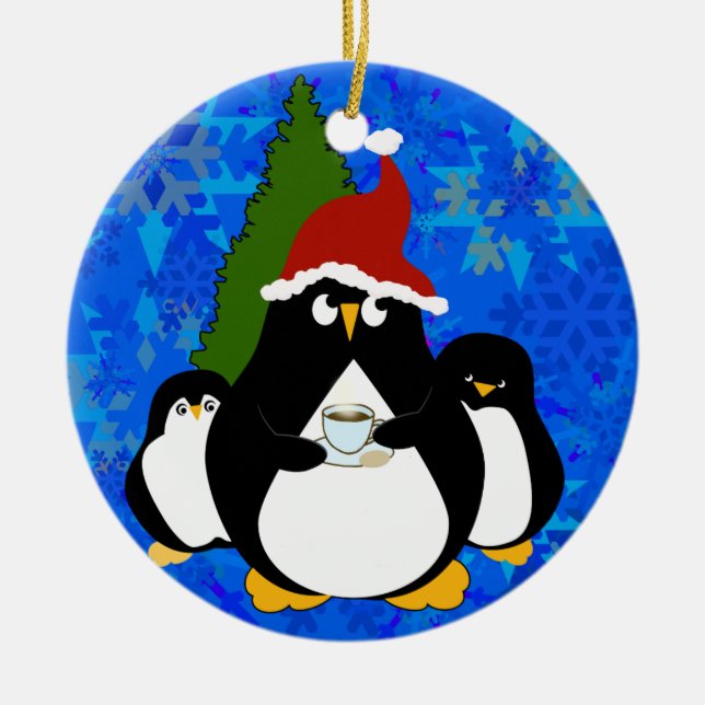 Santa Penguin und kleine Pinguine Keramik Ornament (Vorne)