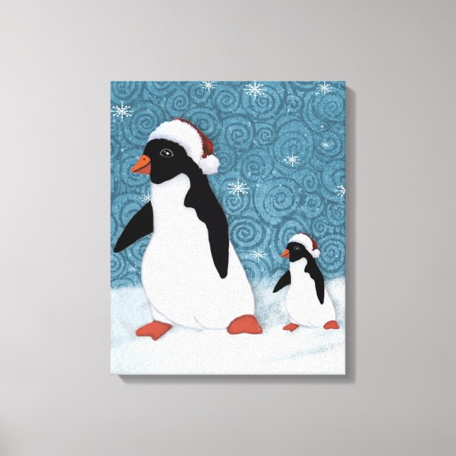 Santa Penguins Stretched Canvas Print Leinwanddruck (Vorderseite)