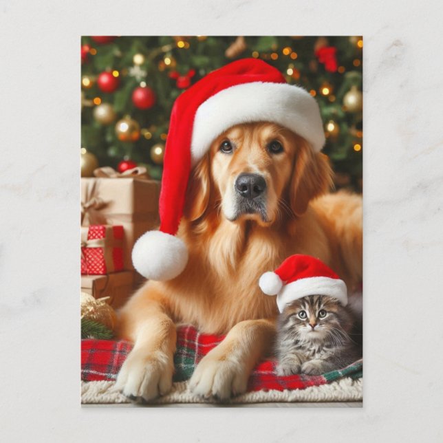 Santa Pets Golden Retriever und Kitten Weihnachten Postkarte (Vorderseite)