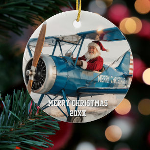 Santa Pilot fliegt Flugzeug Lustiges Foto Weihnach Keramik Ornament