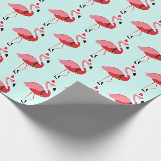 Santa Pink Flamingo Blue Christmas Pattern Geschenkpapier (Ecke)